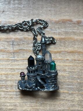 Castle Pendant With Silver Chain with Green, Black, and Clear Crystals